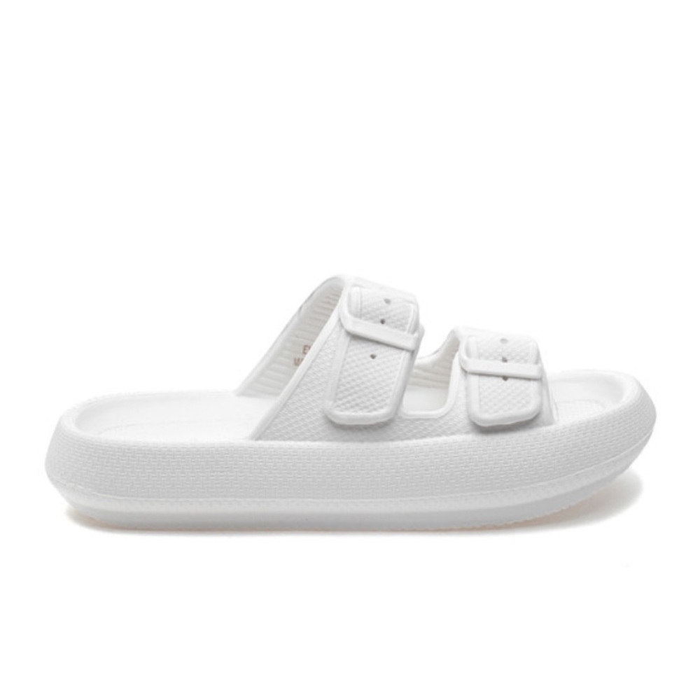 J Slides White Dual-Buckle Slide Sandals
